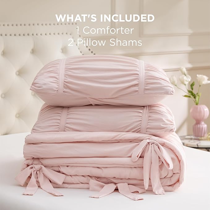 Bedsure Ruched Comforter Set with Bow Trim Pink, GentleSoft™ 3 Pieces Bow Shabby Chic Bedding Pink Room Decor, King Boho Bedding for Girls Teens Women, 1 Bed Comforter, 2 Pillow Shams, 104x90 Inches