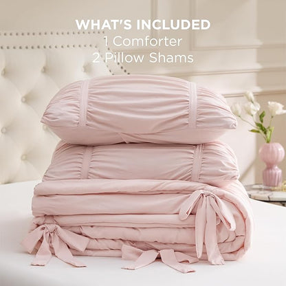 Bedsure Ruched Comforter Set with Bow Trim Pink, GentleSoft™ 3 Pieces Bow Shabby Chic Bedding Pink Room Decor, Queen Boho Bedding for Girls Teens Women, 1 Bed Comforter, 2 Pillow Shams, 90x90 Inches