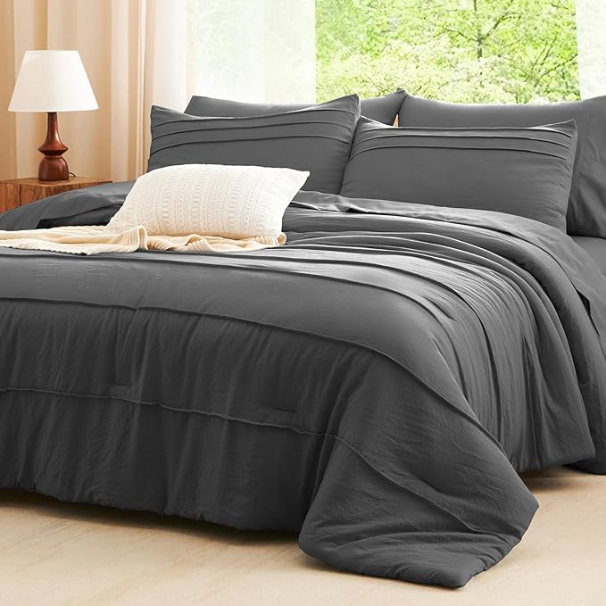 CozyLux Queen Comforter Set Dark Grey, 7 Pieces Soft Pinch Pleat Bed in a Bag Queen Comforter Set with Sheets, Boho Bed Set with Down Alternative Comforter, Sheets, Pillowcases & Shams