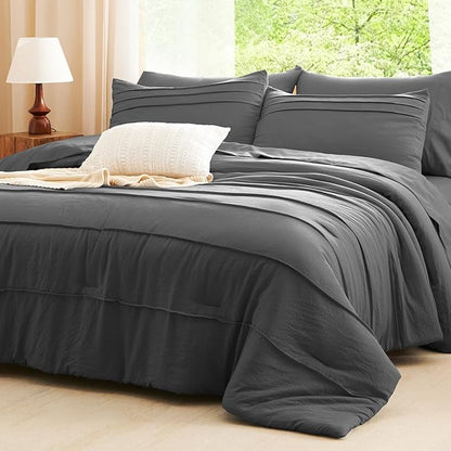 CozyLux Queen Comforter Set Dark Grey, 7 Pieces Soft Pinch Pleat Bed in a Bag Queen Comforter Set with Sheets, Boho Bed Set with Down Alternative Comforter, Sheets, Pillowcases & Shams