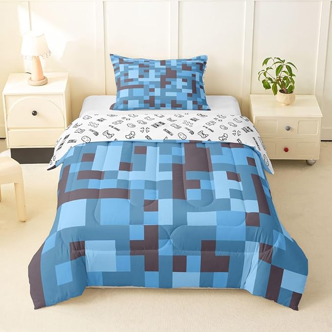 Pixel Grid Miners Kids Comforter Set Twin Size,Reversible Gamepad Video Games Bedding Set Boys Room Decor,Army Camo Geometric Quilt Comforter,Black Light Blue Duvet Set Bedroom Quilt Set,1 Pillowcase