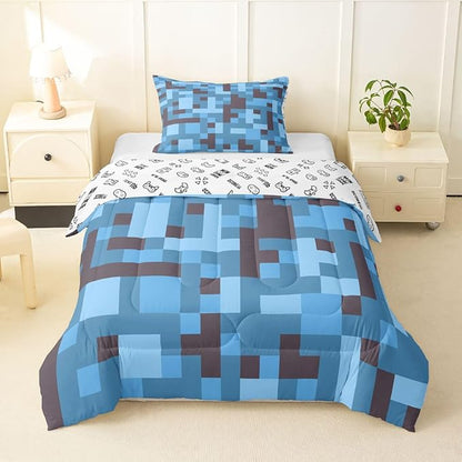 Pixel Grid Miners Kids Comforter Set Twin Size,Reversible Gamepad Video Games Bedding Set Boys Room Decor,Army Camo Geometric Quilt Comforter,Black Light Blue Duvet Set Bedroom Quilt Set,1 Pillowcase