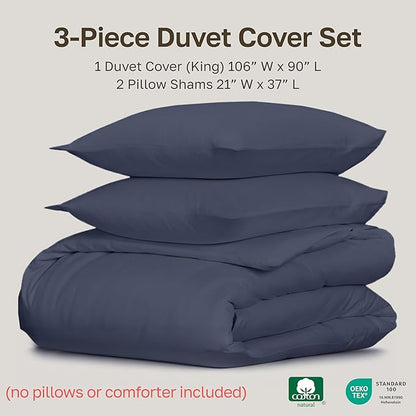 California Design Den 3 Pc King Duvet Cover Set - Winner Good Housekeeping Best Bedding Awards 2025, 400 Thread Count Sateen, 100% Cotton Duvet Cover, Button Closure, Corner Ties - Indigo Dusty Blue