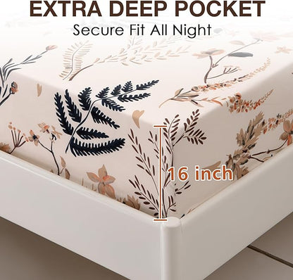 JSD Boho Floral Printed Sheet Set Full Size, 4 Piece, Soft Botanical Pattern Microfiber Sheets Extra Deep Pocket