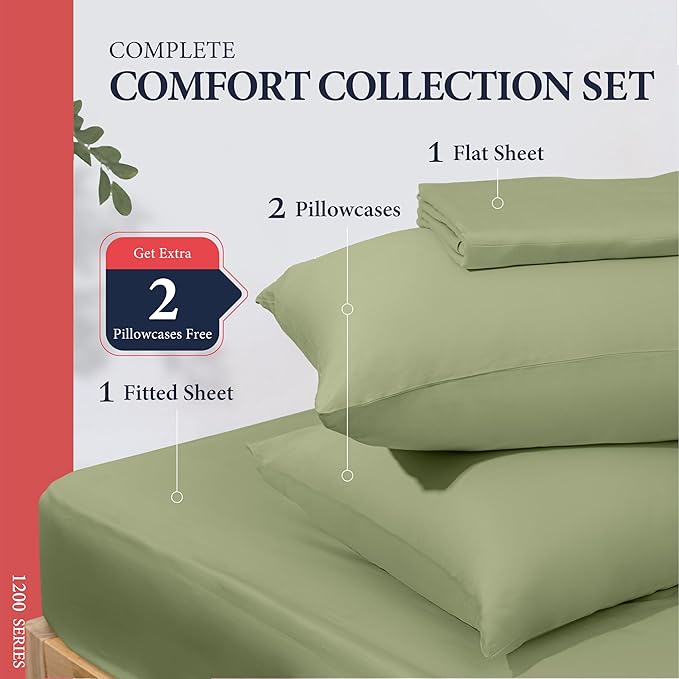 Ashton Sheets 100% Egyptian Cotton Sheets California King Size - 1200 Thread Count Cal King Sheet Set Egyptian Cotton, 4 PC Luxury Bedsheet (Sage Green), Soft, Cooling, 17" Deep Pocket Bedsheet Set
