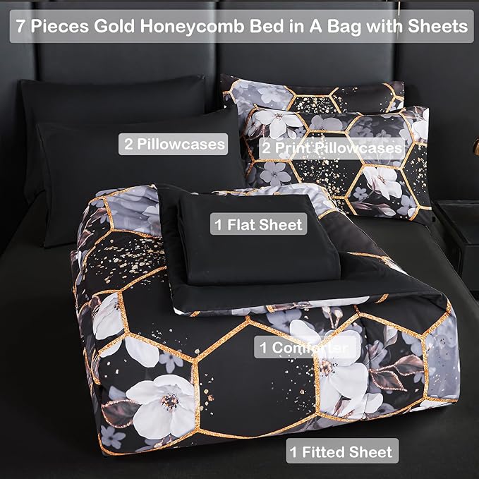 ANGIYUIN Black King Size Comforter Sets Marble Bed in A Bag with Sheets Flowers Bedding Sets for Women Men Gold Geometric Hexagon Print Comforter Bed Sets