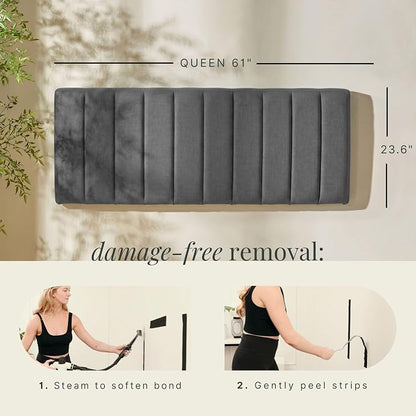 Hearth & Harbor Wall Mounted Queen Headboard Only, Bed Headboard Queen Size | Easy Assemble, Floating Peel and Stick, Upholstered, Channel Stitched, 3D Wall Panels, 5 Strips of 3M Tape Included, Grey