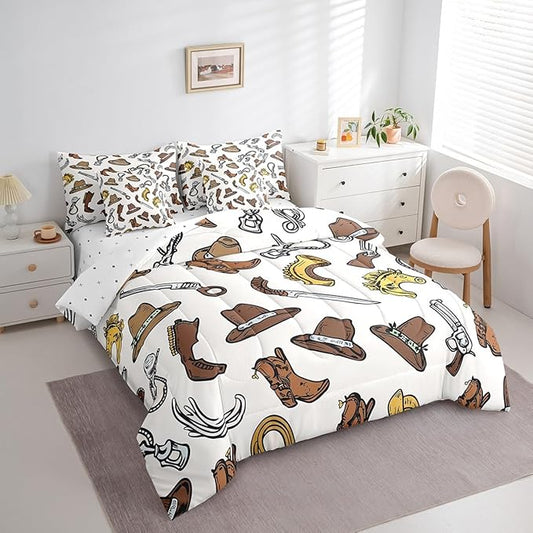 Erosebridal Cowboy Boots for Men Bed in a Bag King Size Comforter Set 7 Pieces,U-Shaped Horse Bedding Sets Western Sheet Set with Comforter