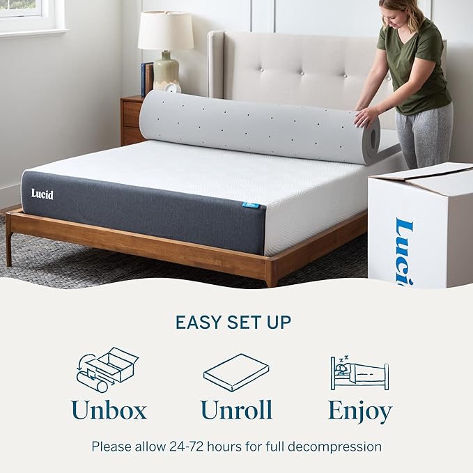 Lucid 2 Inch Bamboo Charcoal Infused Memory Foam Mattress Topper - Twin Size – Moisture and Odor Control - Ventilated - Plush Feel, Pressure-Relieving Bed Topper – CertiPur Certified