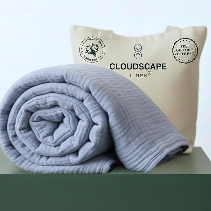 CLOUDSCAPE 100% Cotton Muslin Blanket Twin Size, 4 Layer Oversized 68x92 Fits Twin XL Bed, Soft Breathable, Lightweight, Summer Blanket for Adults, Perfect Spring Gift for All Season- Lavender Blue