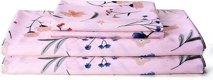 Pink Flower Twin Sheets 3 Piece Set - Botanical Pattern Microfiber Bedding Decor - Breathable, Durable, Up to 16" Deep Pocket Bed Sheet for Girls