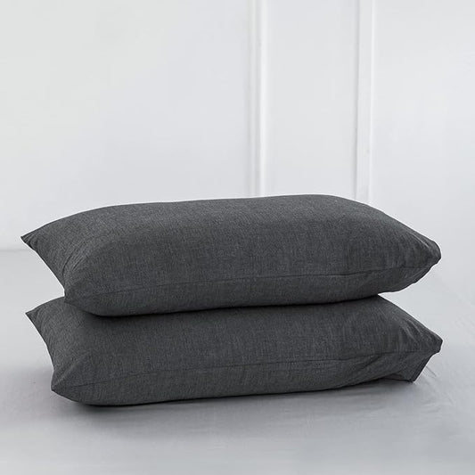 MooMee Bedding Pillowcases Pack of 2 100% Washed Cotton Linen Like Textured Breathable Durable Soft Comfy (Heathered Dark Grey, King)