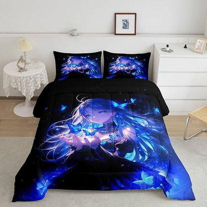 Erosebridal 3D Japanese Girl Kids Comforter Set | Blue Butterfly Decorations Bedding Queen Size Cartoon Down Comforter Anime Gifts for Her Duvet Set for Bedroom