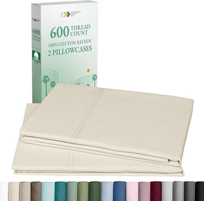 Luxuriously Soft Premium 600 Thread Count, 100% Cotton Set of 2 Cases, Crisp Pillowcases Queen Size Set of 2 Fits Standard & Queen Pillows - Ivory (Warm Cream)