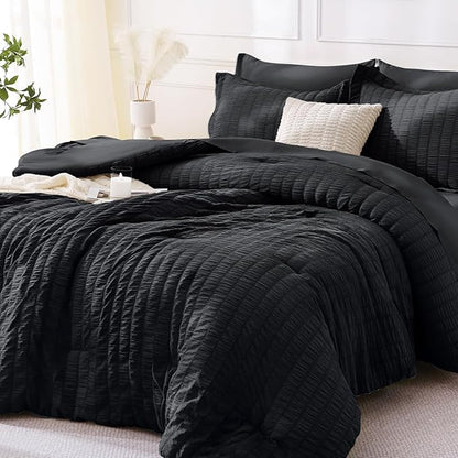 MUXHOMO 7 Pieces Queen Comforter Set, Seersucker Bed in a Bag Queen Size, All Season Luxury Bedding Set with Comforter, Flat Sheet, Fitted Sheet, Pillowcases & Shams, Black