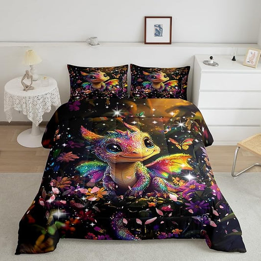 Feelyou Dragon Comforter Set Toddler Size Dragon Stuff Comforter for Boys Girls Teens Shiny Flower Bedding Set Dragon Decor Duvet Set Room Decor Carbon Black Quilt Set