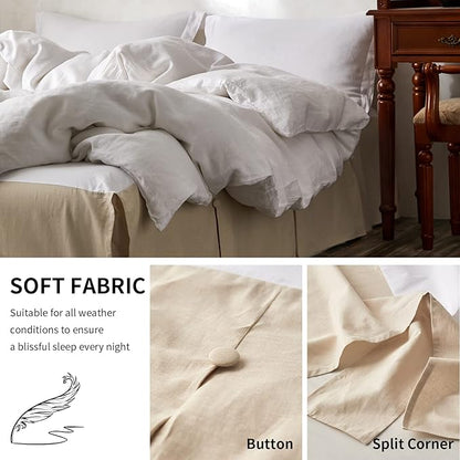 BISELINA French Linen Bed Skirt Split Corner with Button 14-Inch Tailored Drop Natural Flax Cotton Blend Basic Dust Ruffle Soft Cozy (14" Queen,Button Linen)