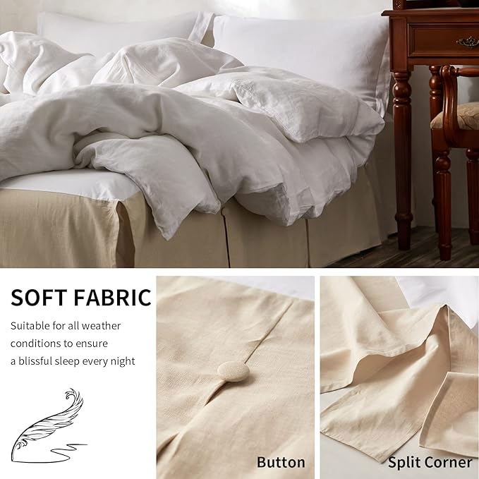 BISELINA French Linen Bed Skirt Split Corner with Button 14-Inch Tailored Drop Natural Flax Cotton Blend Basic Dust Ruffle Soft Cozy (14" King,Button Linen)