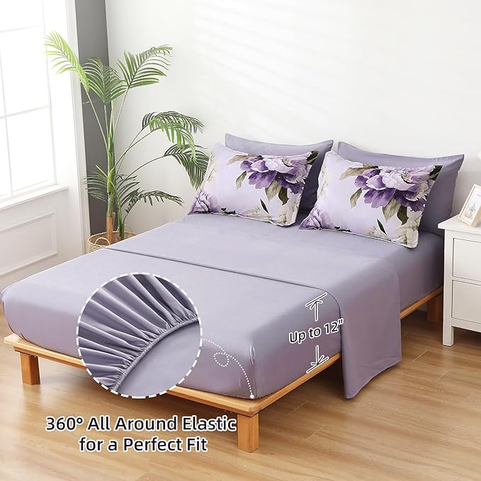 Dobuyly Purple Twin Comforter Set 5 Piece Bed in a Bag Twin Size, Purple Floral Printed on Light Purple Comforter Set with Sheets, Soft Microfiber Botanical Complete Bedding Set for All Season
