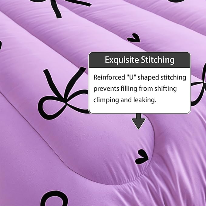 3 Pieces Purple Kawaii Bedding Set for Girls,Black Bowknot Comforter King Size,Cute Bow Tie Knot and Love Bedding for Women Girls Kids,Romantic Princess Quilt Set 1 Comforter 2 Pillowcases