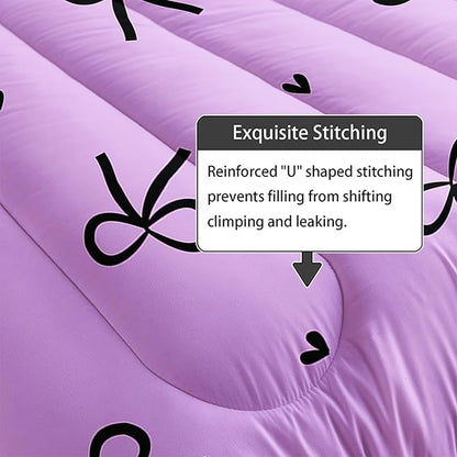 3 Pieces Purple Kawaii Bedding Set for Girls,Black Bowknot Comforter King Size,Cute Bow Tie Knot and Love Bedding for Women Girls Kids,Romantic Princess Quilt Set 1 Comforter 2 Pillowcases