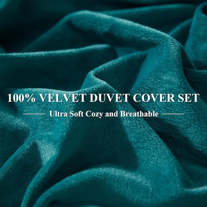Ivellow Velvet Duvet Cover Set Queen Size 3 Pcs Peacock Blue Luxury Flannel Velour Duvet Cover Zipper Closure Corner Tie