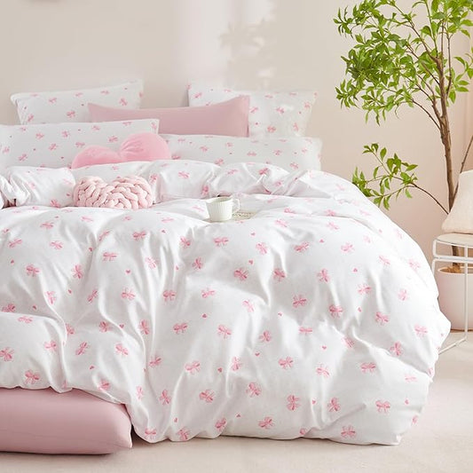 Nayoroom Pink Bow Comforter Set Queen Size Heart Bowknot Printed Coquette Bedding Set 3 Pcs Kids Girls Cute Comforter for All Seasons (1 Comforter, 2 Pillow Shams)
