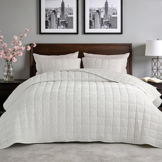 Greek Velvet King Quilt Set, Ultra-Soft Luxe Sheen, 100% Cotton Backing, 150GSM Down-Alternative Fill, Expanded 108×98" Coverage for Fuller Side Drape (1 Quilt + 2 Pillow Shams), Brilliant White
