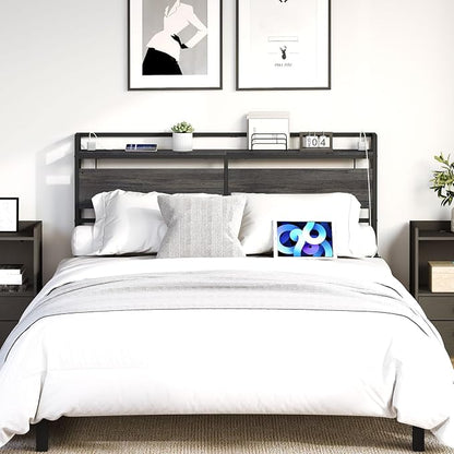 HOOBRO Headboard Queen Size, Headboard with 2 Outlets and 4 USB Ports, Adjustable Height, Storage Rack, Sturdy and Stable, Easy Assembly, Charcoal Gray and Black