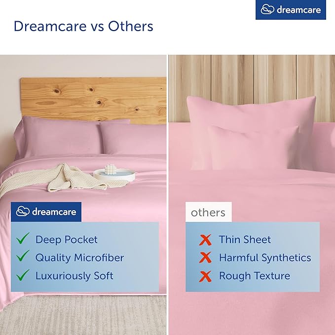 DREAMCARE Queen Size Sheets - Cooling Bed Sheets - 4pcs Set - up to 15" Deep Pocket Queen Sheet Set - Sheets Queen Size Bed - Soft & Long Lasting 100% Fine Brushed Polyester with Side Pocket, Pink