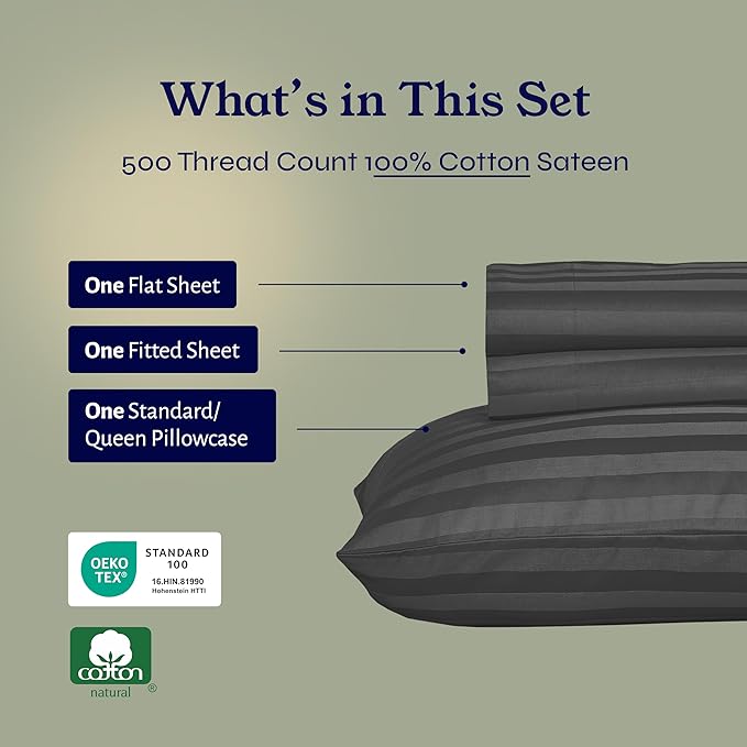 California Design Den - Luxury Bed Sheet Twin XL Soft 100% Cotton Sheets Deep Pockets, 500 Thread Count Sateen, 3-Pc Set, Damask Stripe Sheet Set, Twin XL Sheets (Grey - Striped)