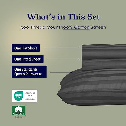 California Design Den - Luxury Bed Sheet Twin XL Soft 100% Cotton Sheets Deep Pockets, 500 Thread Count Sateen, 3-Pc Set, Damask Stripe Sheet Set, Twin XL Sheets (Grey - Striped)