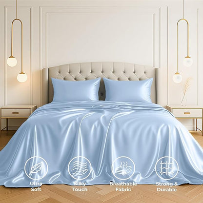 Satin Sheets Queen [4-Piece, Baby Blue] Hotel Luxury Silky Bed Sheets - Extra Soft 1800 Microfiber Sheet Set, Wrinkle, Fade, Stain Resistant - Deep Pocket Fitted Sheet, Flat Sheet, Pillow Cases