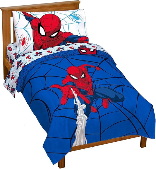 Jay Franco Marvel Spiderman Webtastic 4 Piece Toddler Size Bed Set – Super Soft Microfiber Bed Set Includes Toddler Size Reversible Comforter & Sheet Set Bedding (Official Marvel Product)