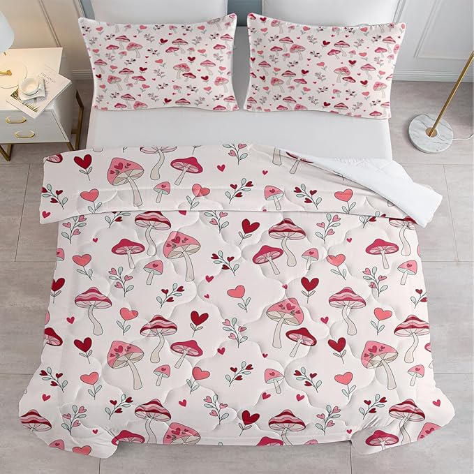 SOULZZZ Pink Mushroom Comforter Set Full Size, Nature Love Plant Trippy Mushroom Bed Set, Hippie Aesthetic Cottage Core 3 Piece Mushroom Comforter Bedding Set Bedroom Decor