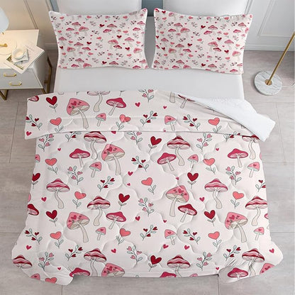 SOULZZZ Pink Mushroom Comforter Set Full Size, Nature Love Plant Trippy Mushroom Bed Set, Hippie Aesthetic Cottage Core 3 Piece Mushroom Comforter Bedding Set Bedroom Decor