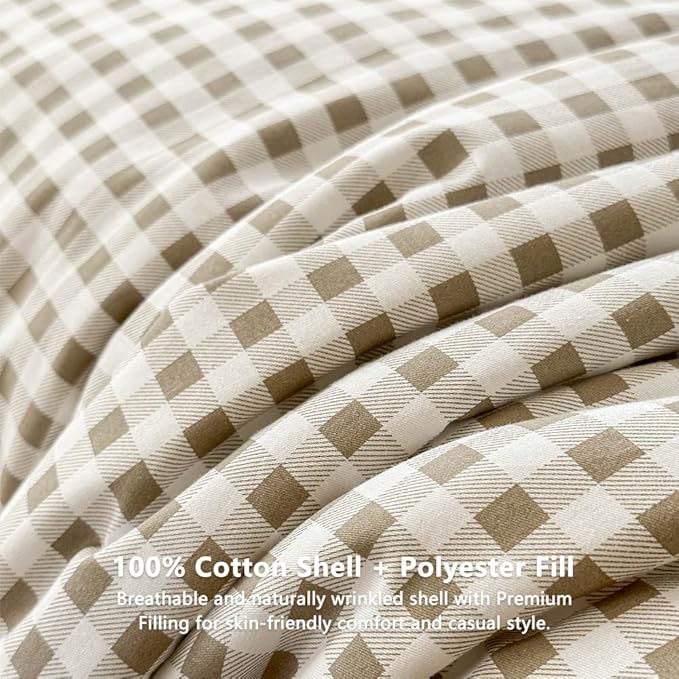 NSNLGSGC Tan Gingham Cotton Comforter Set Twin, 100% Washed Cotton Taupe Plaid Checked Comforter Bedding, 2 Pieces Vintage Farmhouse Grid Bedding Set(Tan Gingham, Twin)