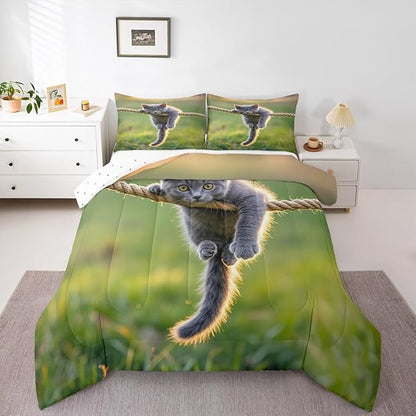 Erosebridal Kawaii Kitten Comforter Set Toddler Size Hemp Rope Bedding Set for Kids Girls Boys Grass Natural Sunshine Yellow Green Comforter Warm Soft Quilt Insert