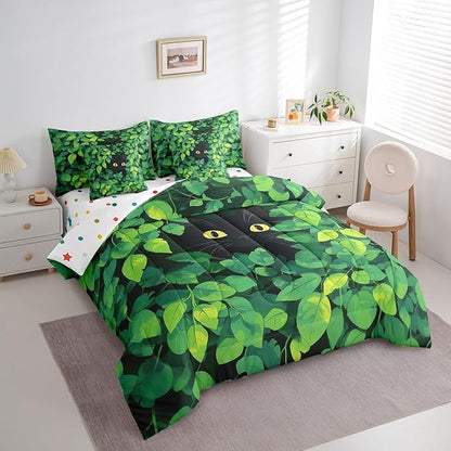 jejeloiu Cute Cat Bedding Set 7Pcs Queen Size Kids Kawaii Kitten Comforter Set with Sheets for Boys Girls Green Plant Bed in a Bag Soft Lightweight,Microfiber