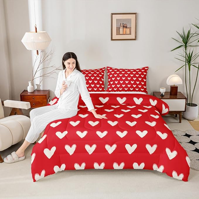 Red White Comforter Set Full Size Cute Heart Pattern Bedding For Kids Boys Girls Valentine Day Gift Quilt Cartoon Love Geometric Duvet Insert Love Heart Soft Warm Bedding Sets Bedroom Decor 3Pcs