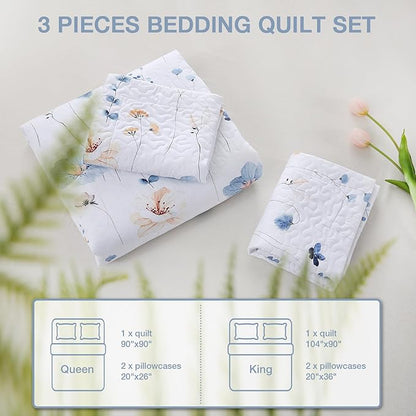 King Size Quilt Bedding Set, White Floral Lightweight Quilts for Bed Botanical Pattern Reversible, Soft Elegant Quilted Bedspread with 2 Pillow Shams Coverlet Sets (104"×90")
