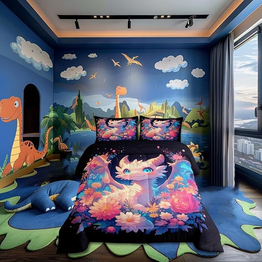 Castle Fairy Dragon Comforter Set Toddler Size 2 Pcs,Watercolor Flower Bedding Set,Cute Wildlife Western Animals Quilt Set for Child Bedroom,Duvet Insert,1 Pillowcase