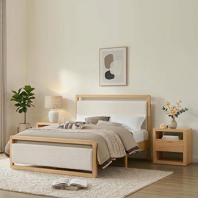 KISLOT Wood Bed Frame, with USB Headboard & Footboard, Oat, Queen | Mattress Foundation, Strong Wooden Slat Support, Noise-Free, No Box Spring Needed, Easy Assembly