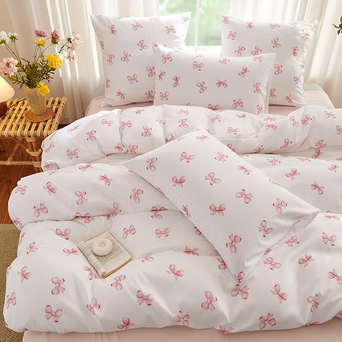 White Twin Comforter Set - Pink Bow Quilt Bedding Set 2 Pieces, Comforter Set Twin Size, Soft & Lightweight Comforter(68‘’ x 90‘’) for Girl All Season & 1 Pillowcase(30‘’x20‘’)