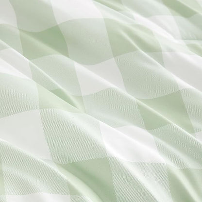 Wake In Cloud - Gingham Comforter Set, Plaid Buffalo Check Checkered Cottagecore Cute Geometric, Soft Lightweight Bedding, 3 Pieces, Sage Green, Queen Size