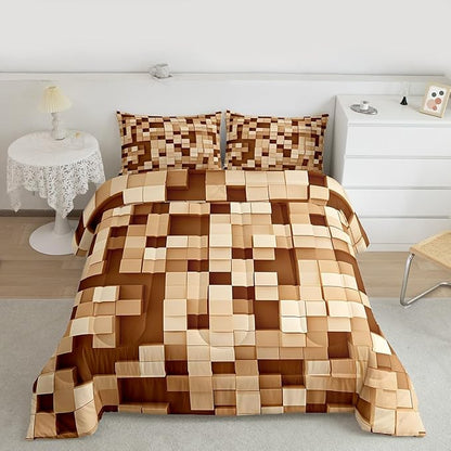 Pixelated Kids Bedding Set King Size,Patchwork Grid Video Games Comforter Set,Miners Lattice Simple Quilt Comforter,Light Brown Bedroom Duvet Insert,2 Pillowcases