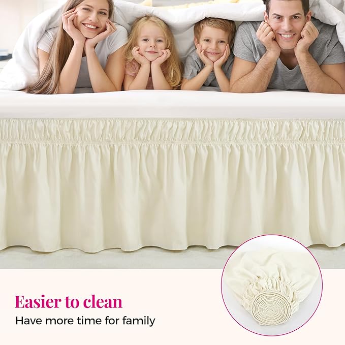 RIMELA Ivory Bed Skirt Queen Size 15 Inch Drop, Elastic Bed Skirting for Bed Base and Frame, Bedding Dust Ruffle Easy to Install, Lightweight Wrap Around Adjustable Bedskirt