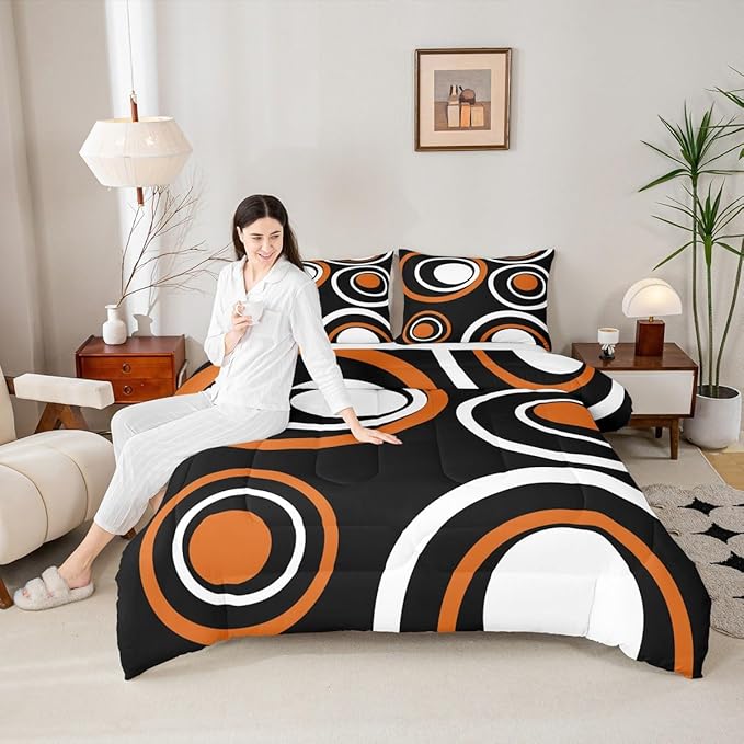 Erosebridal Orange Black Abstract Queen Comforter Set for Adult Women Men Modern Striped Circles Bedding Set Boho Geometric Art Aesthetic Bed Set Minimalist Black White Abstract Quilt Set