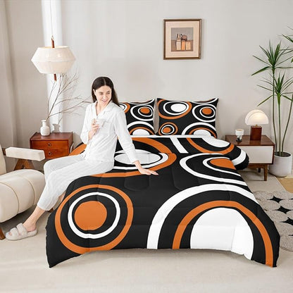 Erosebridal Orange Black Abstract Queen Comforter Set for Adult Women Men Modern Striped Circles Bedding Set Boho Geometric Art Aesthetic Bed Set Minimalist Black White Abstract Quilt Set