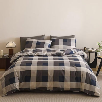Cottonight Checkered Blue Comforter Set Twin Gingham Grid Bedding Set Navy and Khaki Grid Comforter Fluffy Soft Bedding Set Kids Teens Twin Comforter with 2 Pillowcases